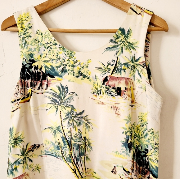 Tiki Classics 100% Silk Summer Dress Beige Palm Tree and Canoe Print Size L - Picture 3 of 8